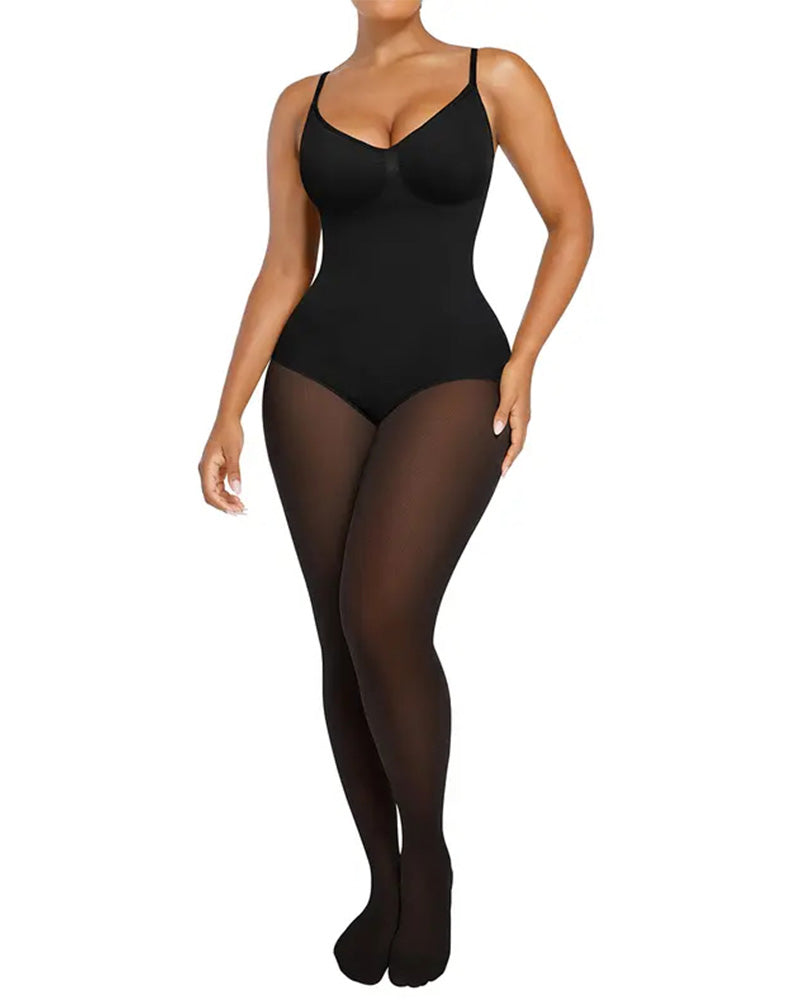 Transparentes Panel Mit Fleece-Gefütterter Strumpfhose Stay-Warm Bauchkontrolle Sheer-Effekt Strumpfhose Bodysuit Schwarz Basic