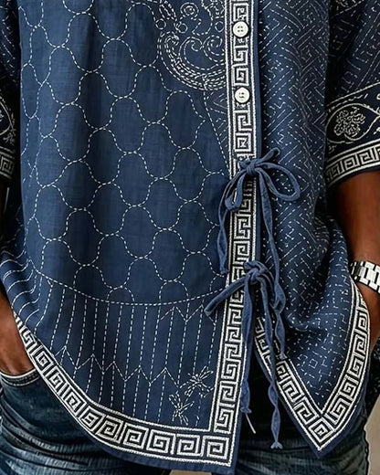 Bluse Binden Seite Asymmetrische Knopfleiste Rundhalsausschnitt