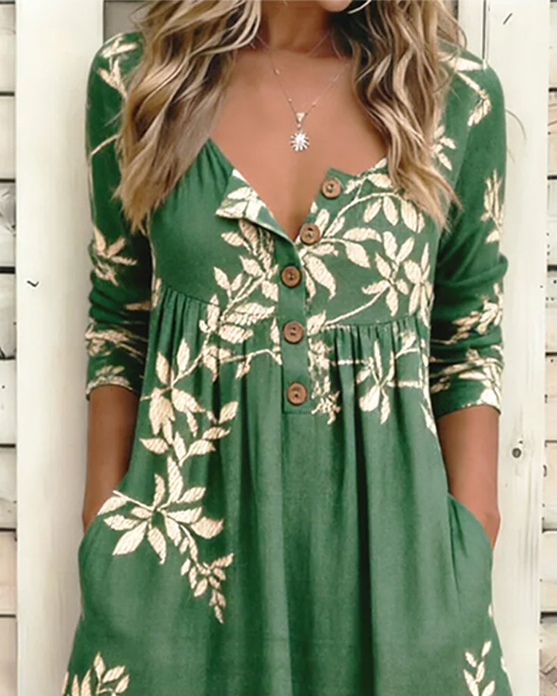 Kleid Botanischer Print Knopf Gerafft