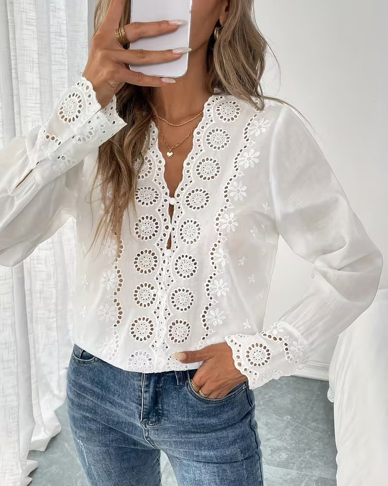 Bluse Elegant V-Ausschnitt Durchbrochen