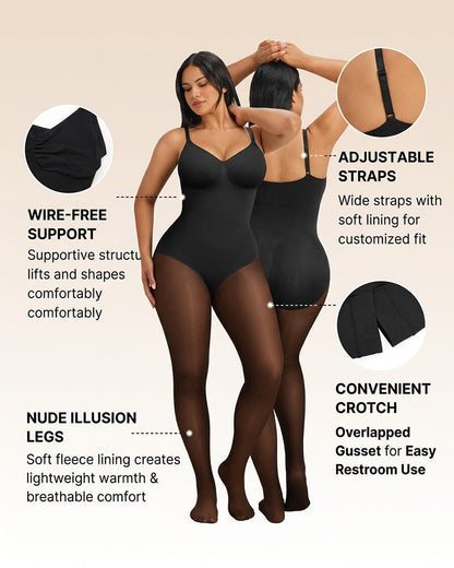 Transparentes Panel Mit Fleece-Gefütterter Strumpfhose Stay-Warm Bauchkontrolle Sheer-Effekt Strumpfhose Bodysuit Schwarz Basic