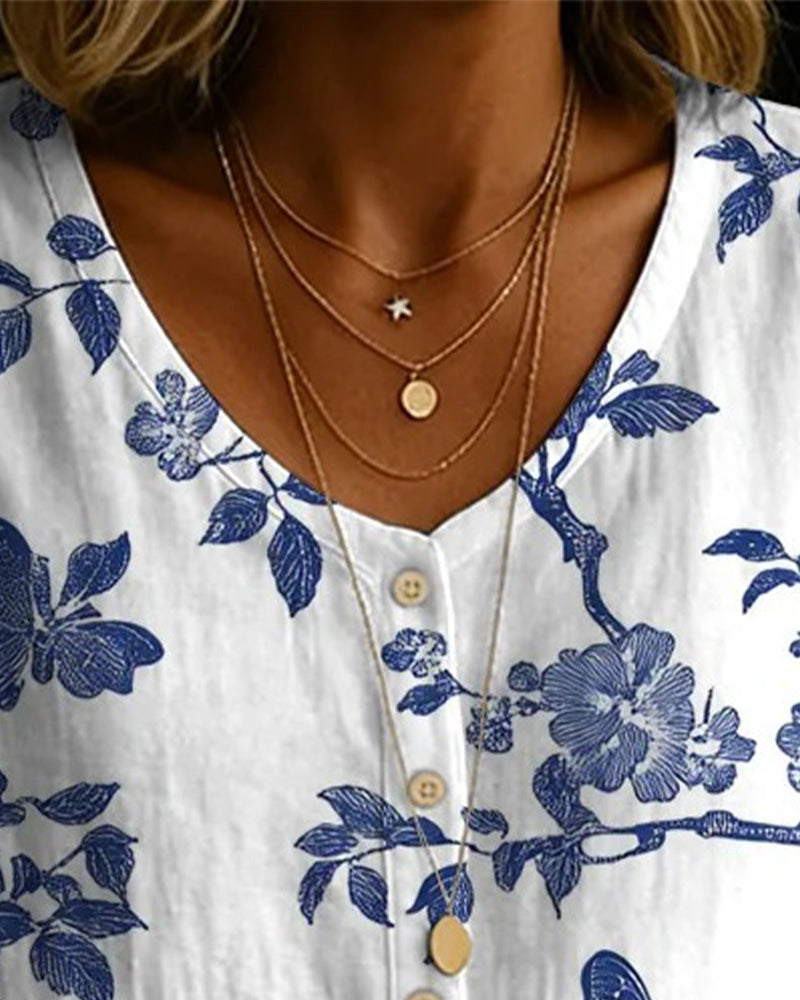 Bluse Mit Schmetterlings- Und Blumenprint Sowie Knopfleiste