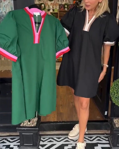 Kleid Kontrastfarbe Locker Puffärmel