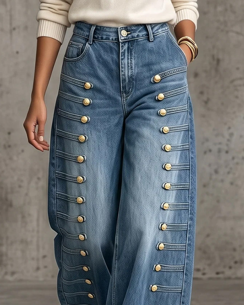 Hose Knopf Tasche Weitgeschnitten Denim Lang