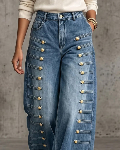 Hose Knopf Tasche Weitgeschnitten Denim Lang