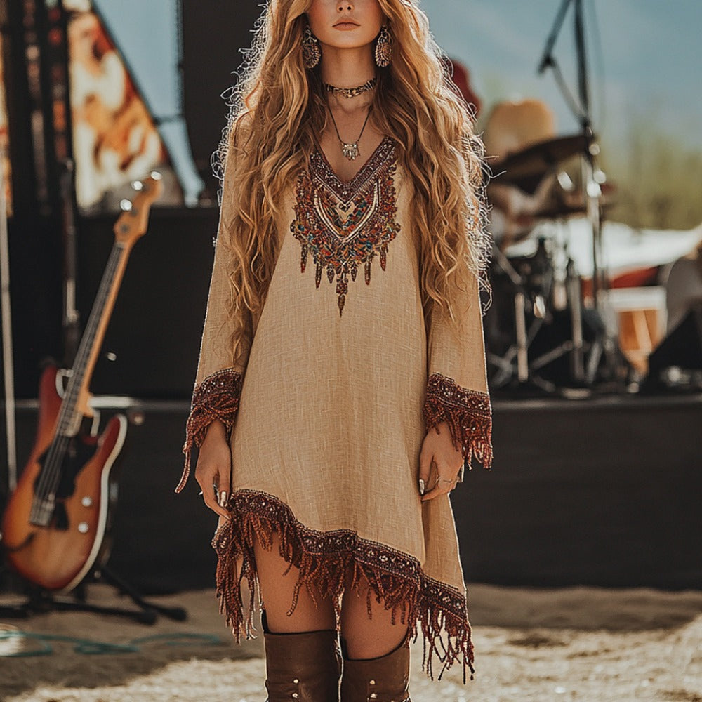 Embroidered Bohemian Mini Dress with Fringe for Women - Patrizia
