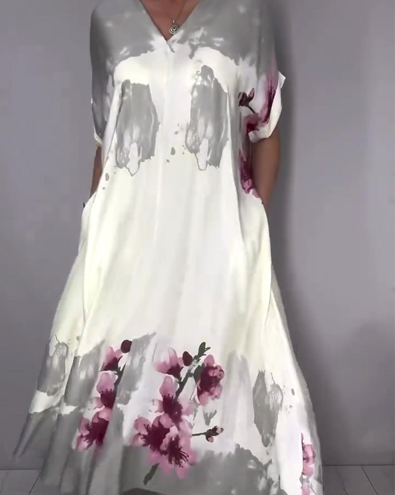 Kleid Tinte Waschen Pfirsichblüte V-Ausschnitt Maxi