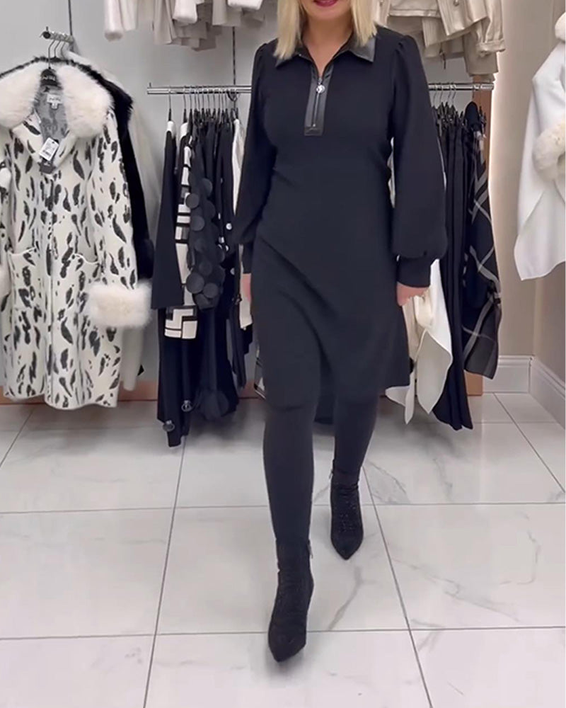 Kleid Reverskragen Puffärmel Halb-Reißverschluss