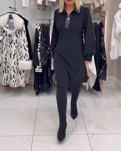 Kleid Reverskragen Puffärmel Halb-Reißverschluss