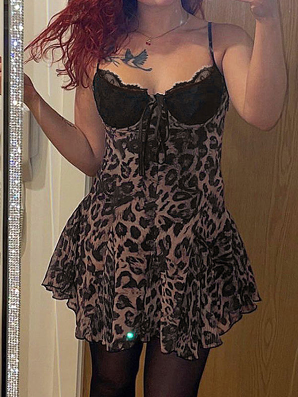 Braunes Y2k Trägerleoparden Spitzenkleid