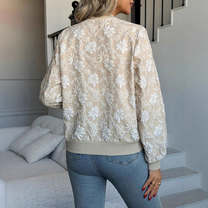 Beige Floral Embroidered Bomber Jacket with Zipper for Women - Liana