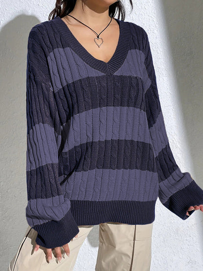 V Neck Loose Contrast Stripes Casual Sweaters/V-Ausschnitt Lose Kontraststreifen Freizeitpullover