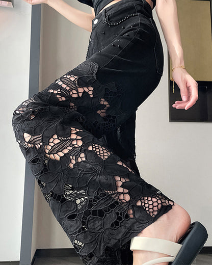 Jeans Damen Strass Ausschnitt Weites Bein