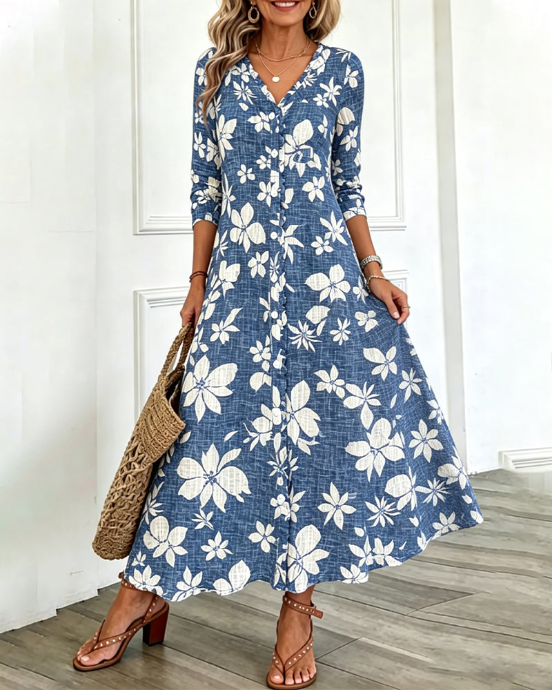 Kleid V-Ausschnitt Blumen Hemd