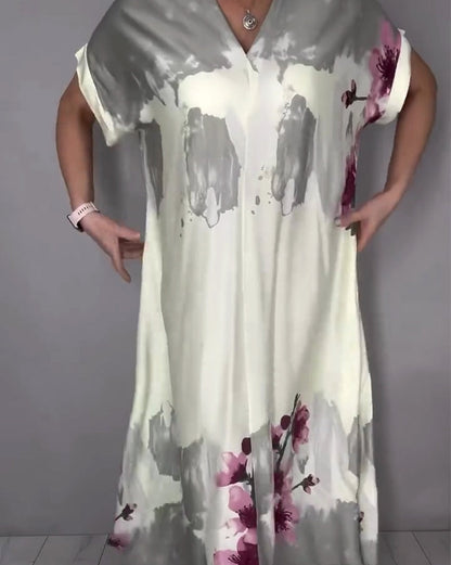 Kleid Tinte Waschen Pfirsichblüte V-Ausschnitt Maxi