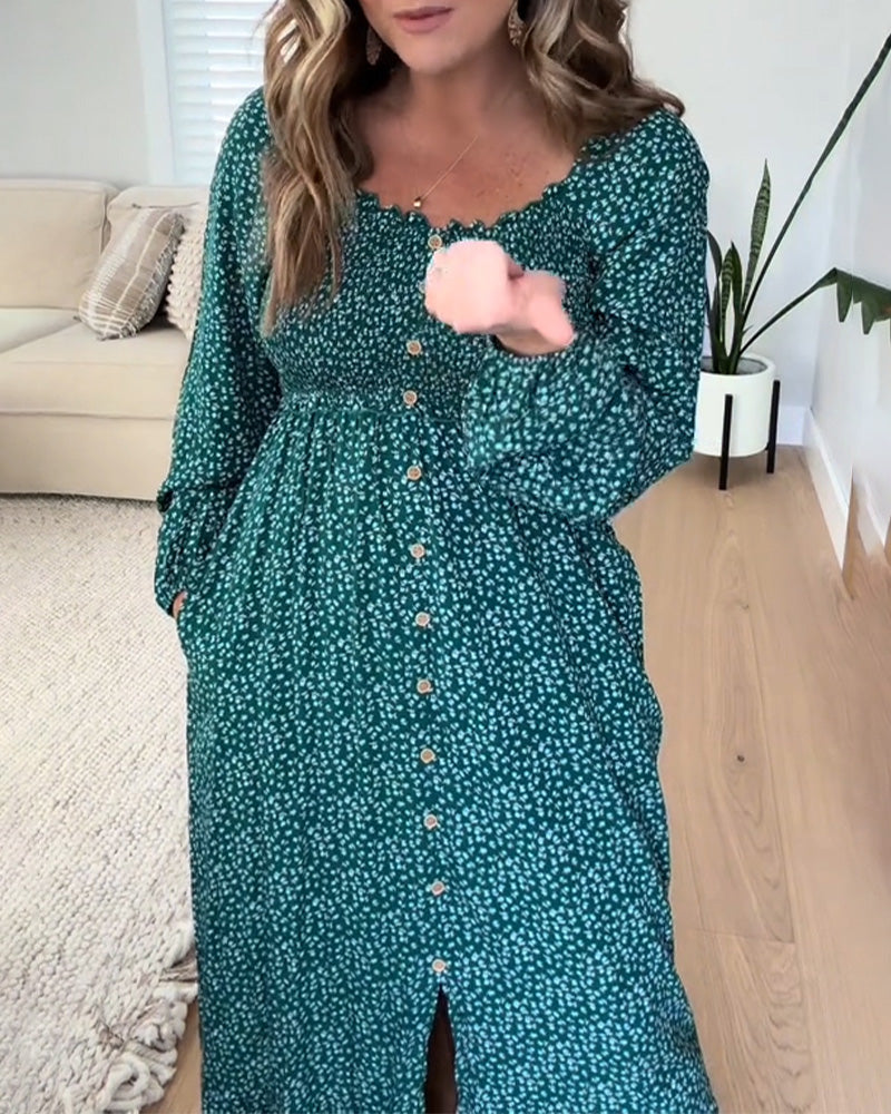 Kleid Blumenmuster Knopf Langarm
