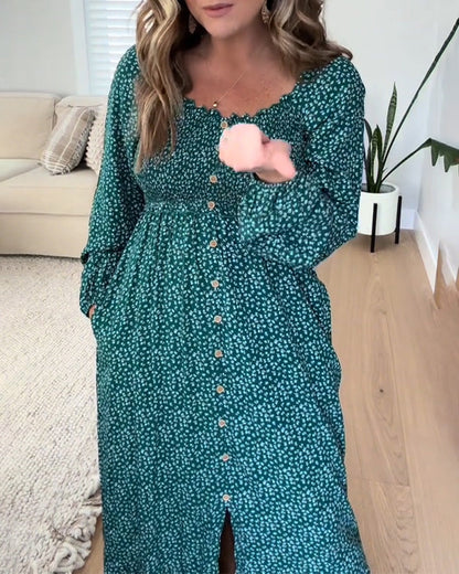 Kleid Blumenmuster Knopf Langarm