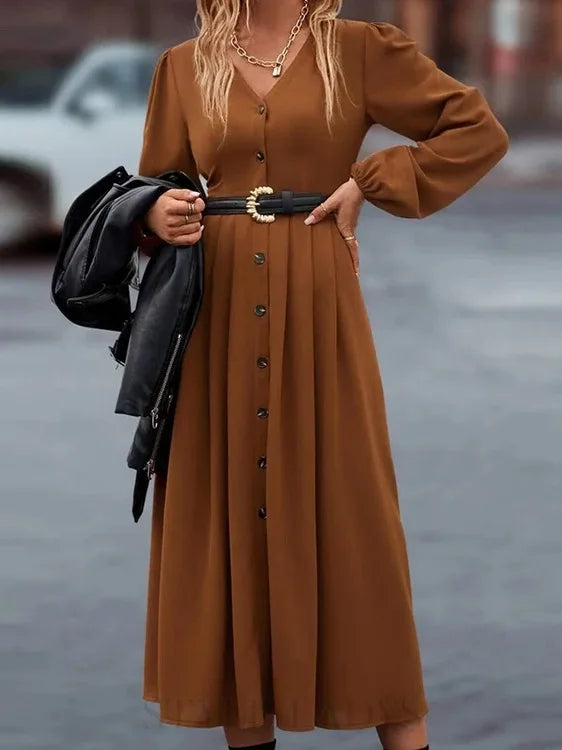 V-Ausschnitt Lange Ärmel Midikleid