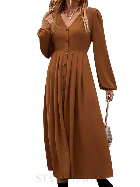V-Ausschnitt Lange Ärmel Midikleid