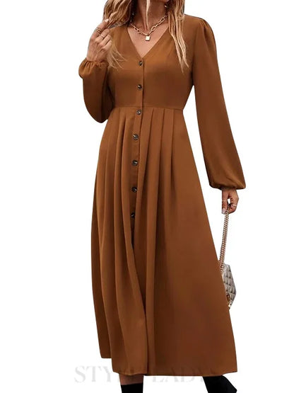 V-Ausschnitt Lange Ärmel Midikleid