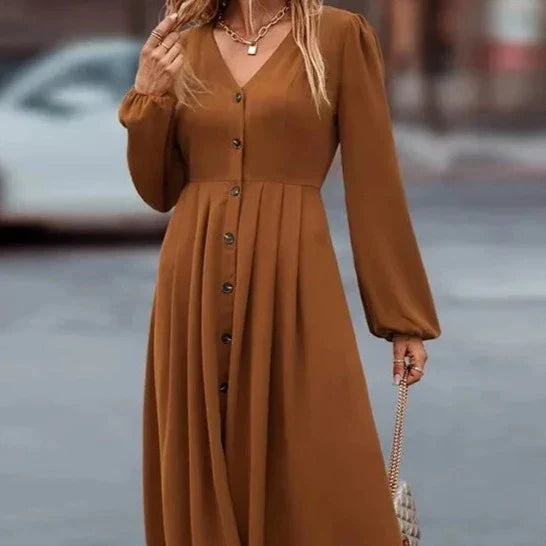 V-Ausschnitt Lange Ärmel Midikleid