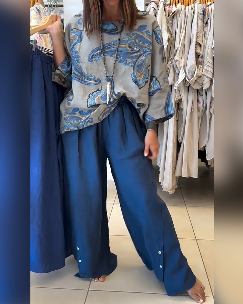 Hose elastische Taille Knopf-Deko Weitbein lang