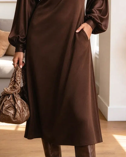 Kleid Rundhals Plissiert Puffärmel Tasche