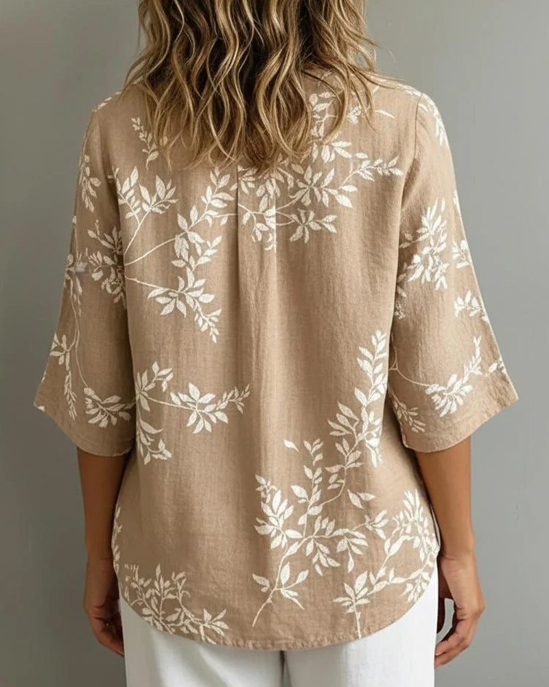 Bluse V-Ausschnitt Blattprint Halbarm