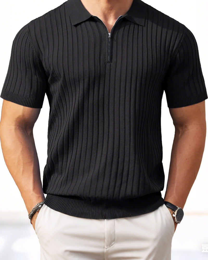 Hemden Herren Reißverschluss Kurzarm Rippstrick Polo T-Shirts Golf