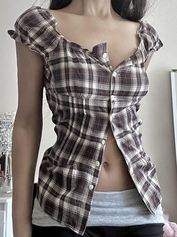 Braunes Vintage Karohemd mit Wickel Schulter und Quadrat Ausschnitt