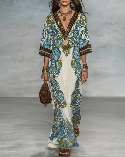 Kleid V-Ausschnitt Farbblock Print