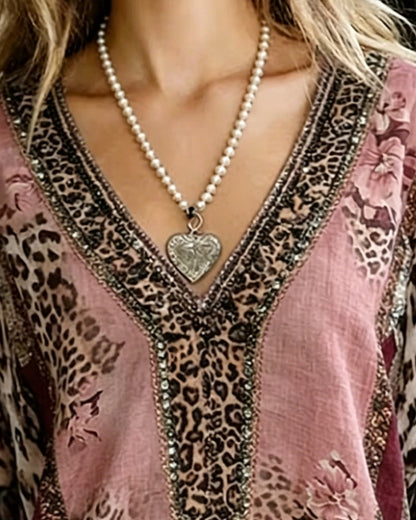 Bluse V-Ausschnitt Laterne Ärmel Leopard