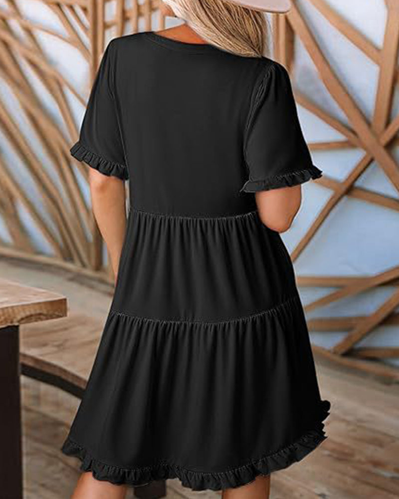 Kleid Rüschenbesatz V-Ausschnitt Stufensaum