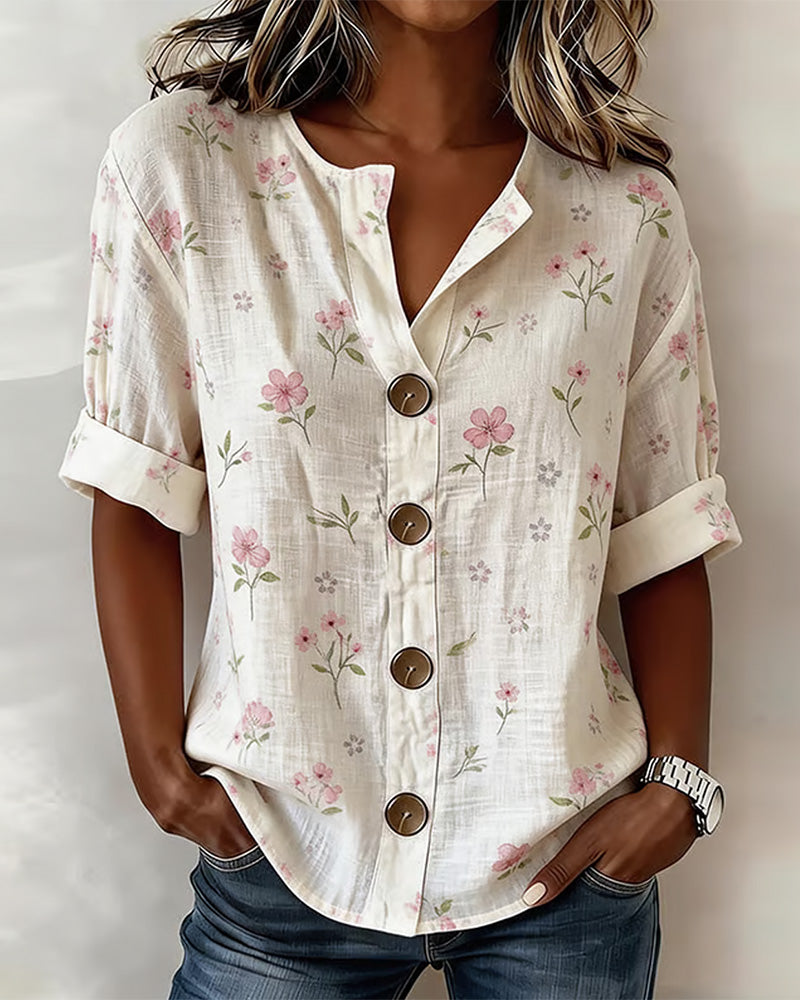 Bluse Kleiner Blumenprint Knopf Lässig