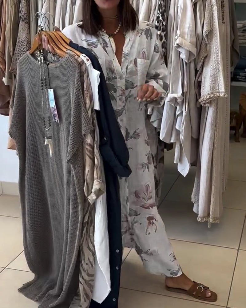 Kleid Stehkragen Langarm Gedrucktes Hemd