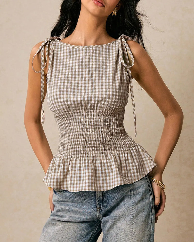 Bluse Ärmellos Karo Binden Taille