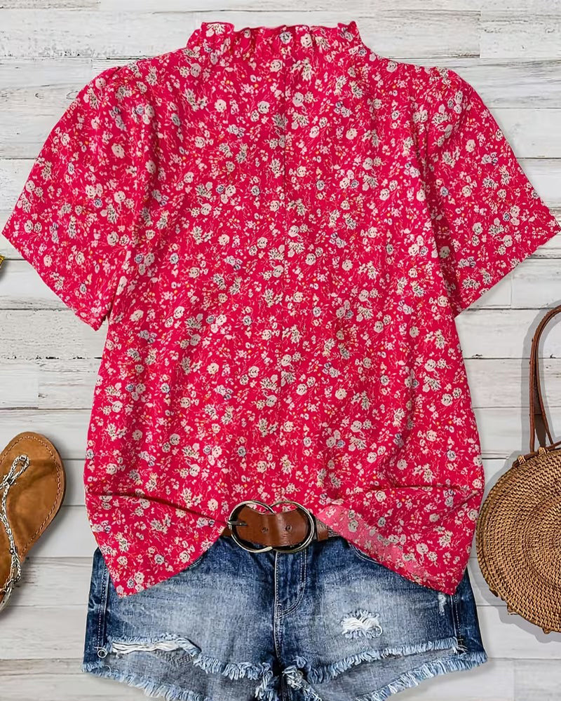 Bluse V-Ausschnitt Knopf Blumenprint
