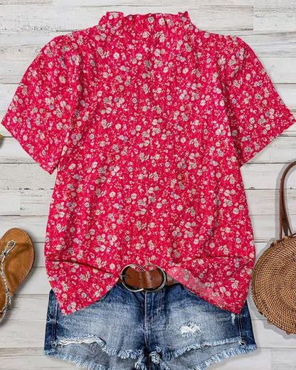 Bluse V-Ausschnitt Knopf Blumenprint