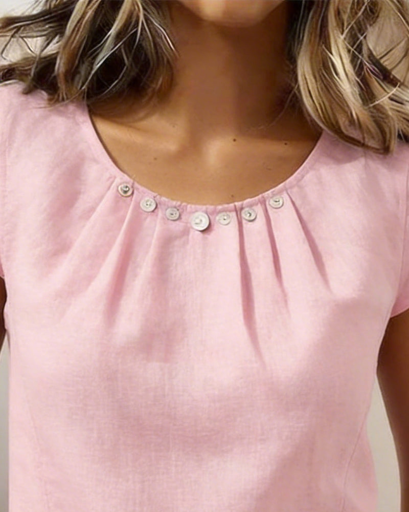 Bluse Plissiert Knopf Rundhals