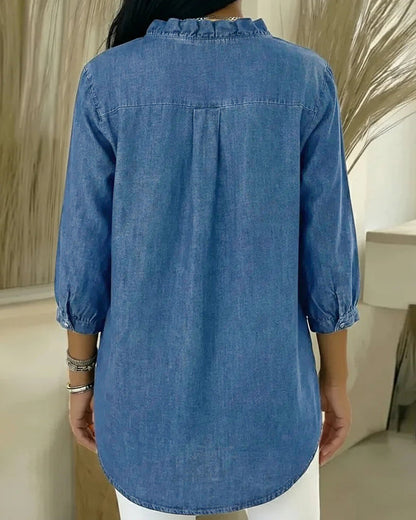 Bluse Ruffle V-Ausschnitt Denim
