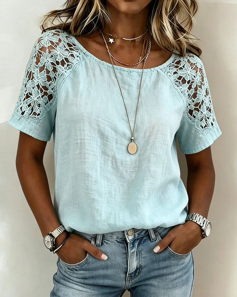 Bluse Spitze Hollow Out Patchwork Kurzarm