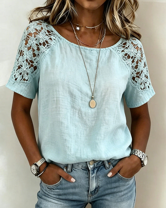 Bluse Spitze Hollow Out Patchwork Kurzarm