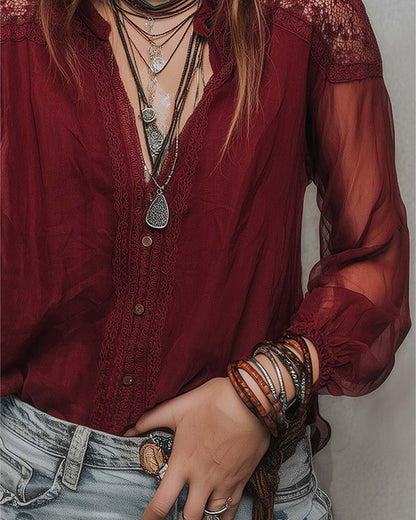Bluse Modisch Patchwork Spitze