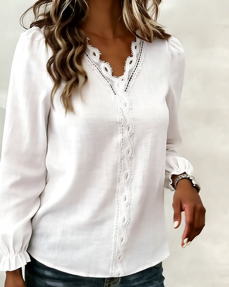 Top Modisch Spitze Patchwork V-Ausschnitt