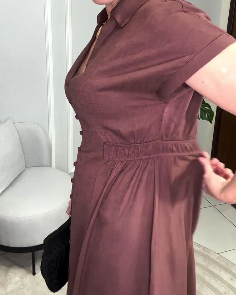 Kleid Unifarben Knopfleiste Taille