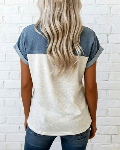 T-Shirt Knopfleiste Patchwork Umlegekragen