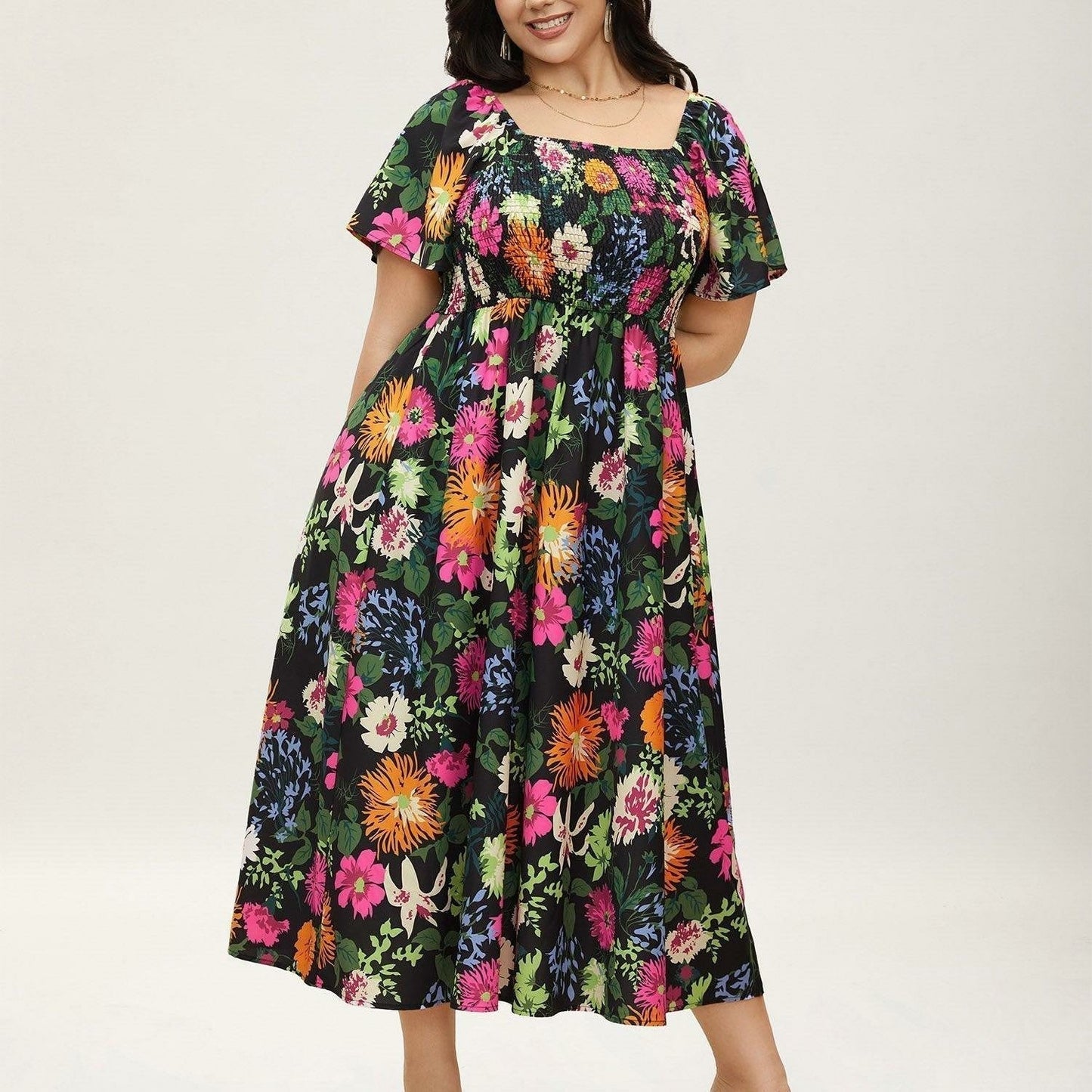 ⏰Sommer Heißer Verkauf 70% RABATT💃Geblümtes Smock-Kleid mit eckigem Ausschnitt und Taschen