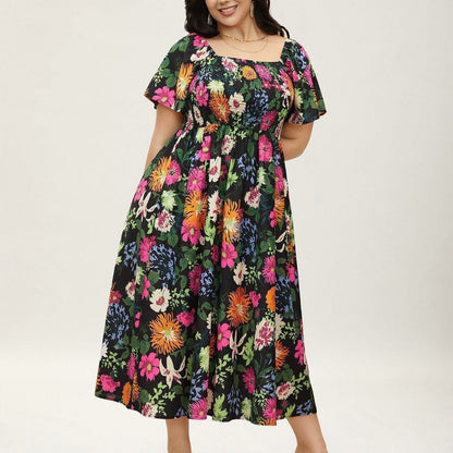 ⏰Sommer Heißer Verkauf 70% RABATT💃Geblümtes Smock-Kleid mit eckigem Ausschnitt und Taschen