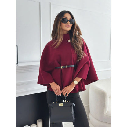 Belted Cape Coat with Wide Sleeves for Women - Zita