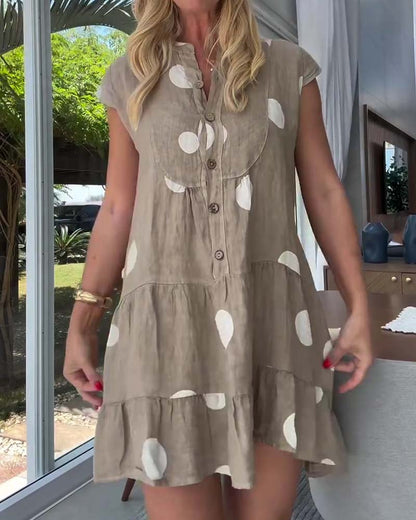 Kleid Polka Punkt Knopf Vorne A-Linie
